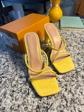 Yellow Strappy Square-Toe High Heel Sandals - Women